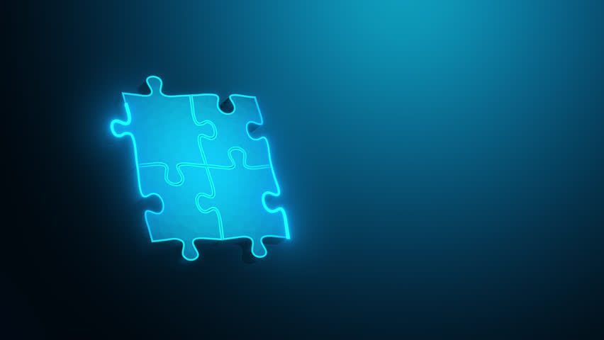 Glowing puzzle piece cluster symbolizing connection, teamwork, problem-solving, and digital integration. Looping video and alpha channel for transparent background.