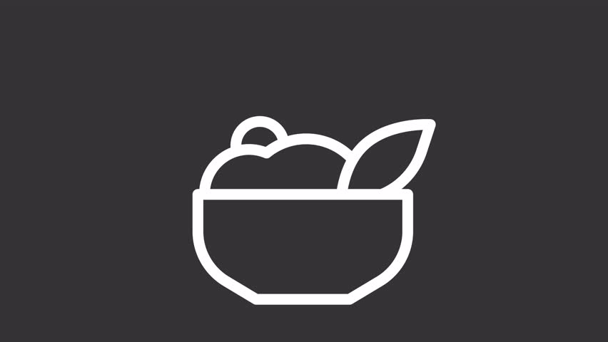 Salad ui icon white line animation. Healthy diet, nutrition. Vegetarian meal. Cooking process. Culinary ingredients animated user interface element on dark background. Transparent HD video