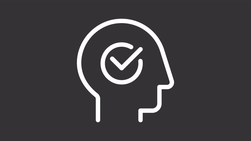 Mental wellness ui icon white line animation. Complete mark showing up. Cognition, psychology. Correct thinking animated user interface element on dark background. Transparent HD video