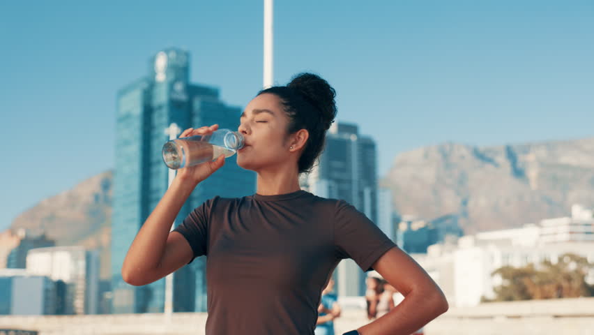 City, woman and fitness with drinking water for health, nutrition and break for marathon challenge. Outdoor, female person and runner with thirst for h2o liquid, hydration and wellness after workout