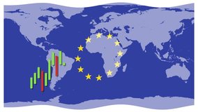 Animation of candlestick graphs over a world map with EU stars, illustrating financial trends and economic focus - Powered by Shutterstock - Get 15% off with code: PIKWIZARD15