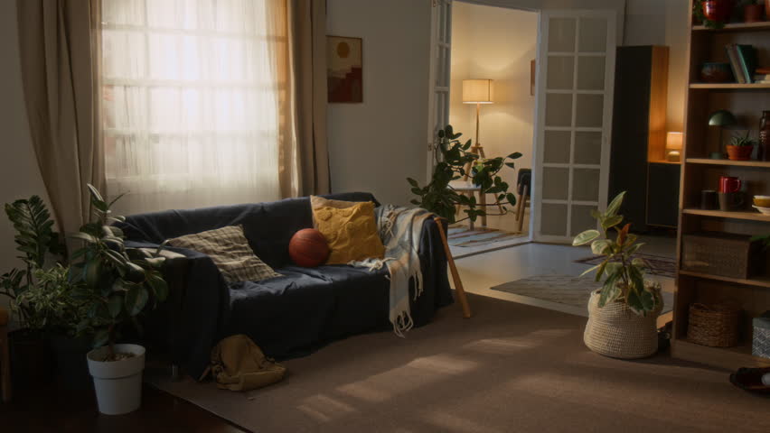 No people shot of warmly lit living room featuring navy blue sofa, houseplants, bookshelves, and soft ambiance with layered lighting and earthy tones
