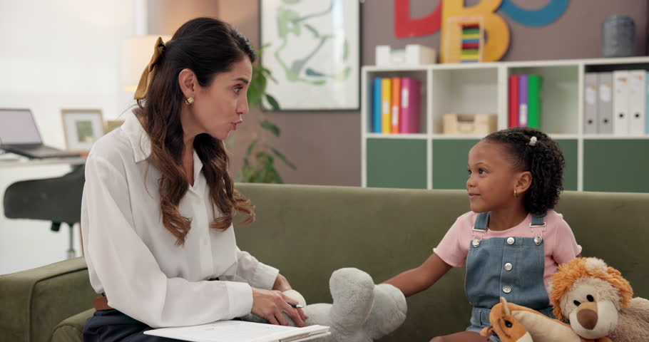 Play, toys and session with child, therapist or adhd with story, questions or psychology help. Consulting, care or female kid talking in therapy with counseling evaluation, development or assessment