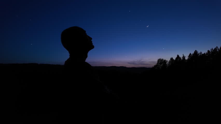 Silhouette of a man and countryside under the blue hour after sunset - before sunrise.	
