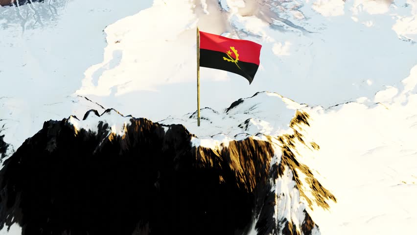 Dynamic 3D animation showcasing Angola's flag with red and black horizontal bands and a yellow emblem of a half gear wheel crossed by a machete and crowned with a star, fluttering atop a snowy mountai