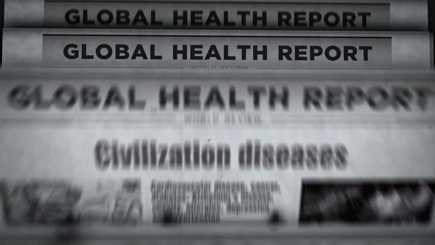 Civilization diseases health care vintage news and newspaper printing. Abstract concept retro headlines 3d black and white.