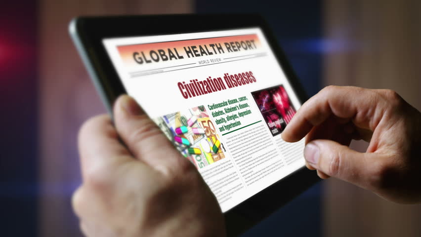 Civilization diseases health care daily newspaper reading on mobile tablet computer screen. Man touch screen with headlines news abstract concept 3d.
