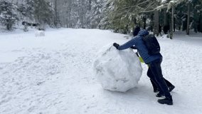 Father with son are making a large snowball for a future snowman with a snow-covered forest in the background.
 - Powered by Shutterstock - Get 15% off with code: PIKWIZARD15