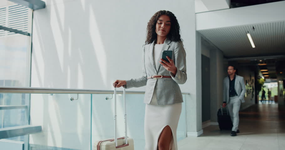 Phone, suitcase and search with business woman at conference for B2B manager, seminar schedule and contact. Convention center, walking and networking with person in lobby for smile, event and expo