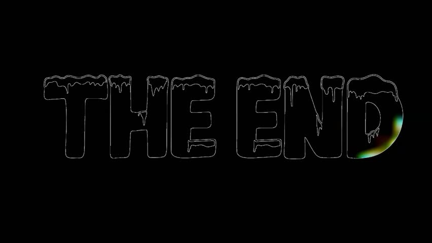 Frozen-themed “THE END” text with ice and water drop style is displayed in a yellow kaleidoscope, placed on a solid black background.