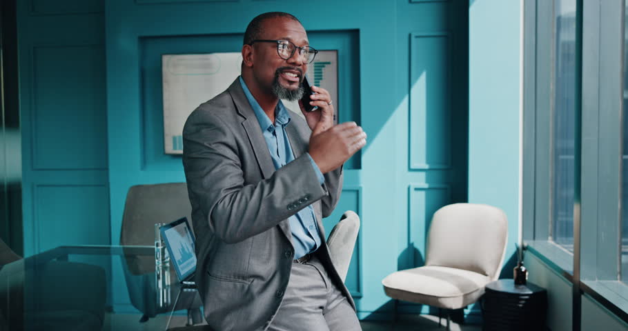Phone call, smile and planning with business black man in office for contact, financial adviser or account manager. Budget update, networking and investment project with person in agency for feedback