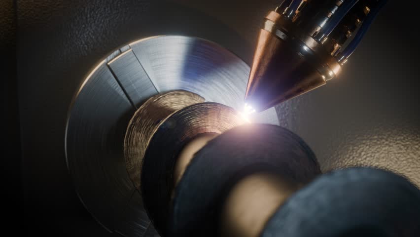 High-precision CNC 3D printing process of a large metal auger using a rotary axis. The footage shows additive manufacturing with a robotic laser head building up metal layers on a rotating part.