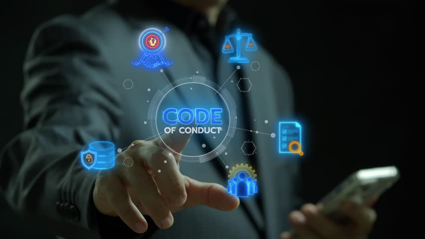 Code of conduct concept, a set of guidelines and rules that outline expected behaviors and ethical standards within an organization. Animated code of conduct banner web icons on virtual screen.