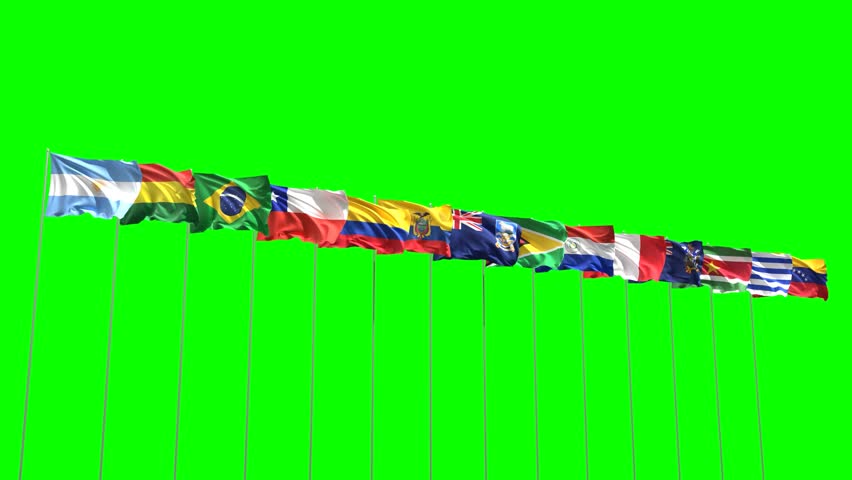 Looping video of Group South American national flags with green background