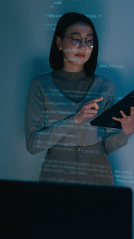 Vertical Screen : Group adult Asia female software developer mentor leader manager talk strategy plan to executive write prompt AI bot IT app program nomad, video game. Projecting slideshow code.