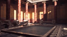 An ornate Roman bath features majestic marble columns and intricate mosaics. Warm sunlight streams through windows, highlighting a tranquil pool at the center, surrounded by elegant benches. - Powered by Shutterstock - Get 15% off with code: PIKWIZARD15