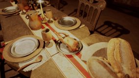 A rustic dining table is elegantly arranged with diverse food and drinks, showcasing plates, mugs, and a centerpiece of bread, inviting guests for a hearty meal. - Powered by Shutterstock - Get 15% off with code: PIKWIZARD15