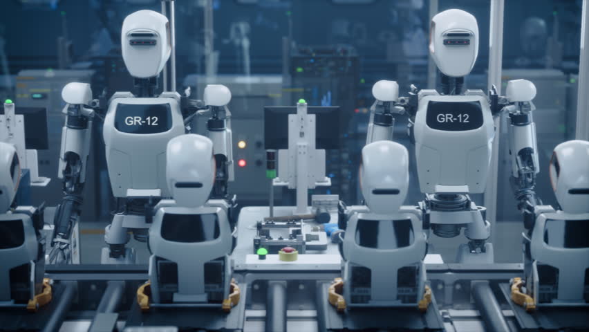Autonomous Robots Expertly Build Advanced Manufacturing Robotic Humanoids on a Futuristic Assembly Line,  in a High-tech Smart Factory using Artificial Intelligence and Innovation.