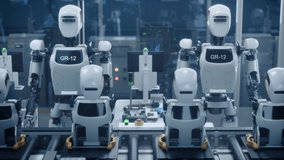 Autonomous Robots Expertly Build Advanced Manufacturing Robotic Humanoids on a Futuristic Assembly Line,  in a High-tech Smart Factory using Artificial Intelligence and Innovation. - Powered by Shutterstock - Get 15% off with code: PIKWIZARD15