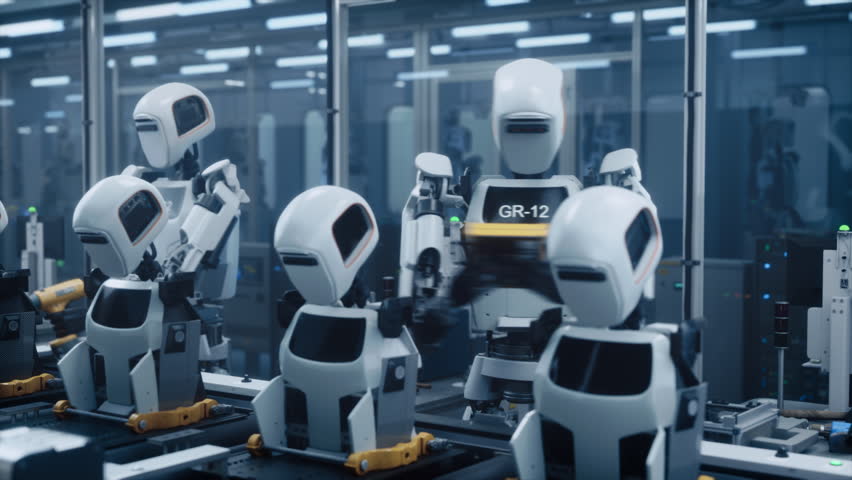 Autonomous Robots Expertly Construct Advanced Manufacturing Robotic Humanoids on a Futuristic Assembly Line,  in a High-tech Smart Factory using Artificial Intelligence and Innovation.