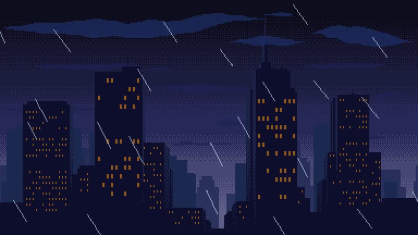 Lightning strikes, floating clouds and rain over city silhouette, pixel art animation. Seamless loop animated video of cityscape in rainy weather. Retro video game style.