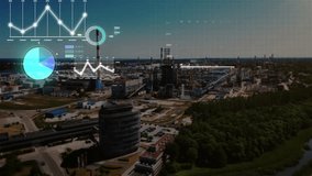 Aerial view of an industrial plant, complete with digital charts and graphs symbolizing smart industry, data analysis and technological integration into modern manufacturing and infrastructure, 4k. - Powered by Shutterstock - Get 15% off with code: PIKWIZARD15