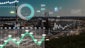 Aerial view of an industrial plant, complete with digital charts and graphs symbolizing smart industry, data analysis and technological integration into modern manufacturing and infrastructure, 4k. - Powered by Shutterstock - Get 15% off with code: PIKWIZARD15