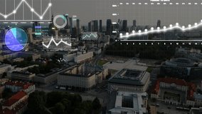 Aerial view of futuristic cityscape with digital data visualizations and infographics overlays, representing smart city technology, urban analytics, and modern data-driven infrastructure. 4k footage - Powered by Shutterstock - Get 15% off with code: PIKWIZARD15