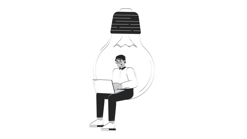 Professional arab man working on startup idea doodle outline animation. Innovation job. Creative entrepreneur in giant lightbulb animated sketch 2D concept isolated on white. 4K video motion graphic