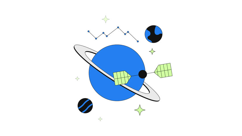 Space communication and data satellite 2D onboarding ui animation. Planetary orbit. Planet, constellation, stars. Cosmos astronomy animated cartoon flat concept metaphor 4K video isolated on white