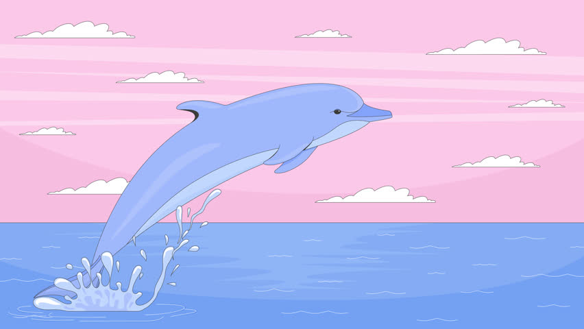 Dolphin jumping at sunset ocean 2D cartoon animation. Aquatic mammal leaping out of water with splash. Sea animal. Marine wildlife animated flat character 4K video background scene storytelling