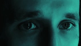 Close up face portrait man male eyes scanning face biometric data scan innovation look 3D computer hologram of human futuristic facial recognition neural network future privacy modern high technology - Powered by Shutterstock - Get 15% off with code: PIKWIZARD15