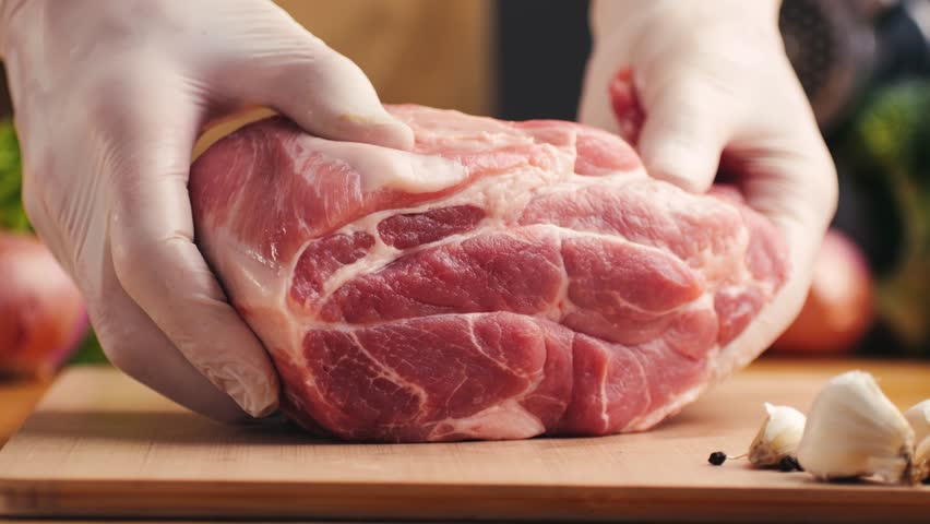 Man cut meat steak, beef pork neck cooking, Cook Butcher. The chef cuts the meat for cooking. Neck carbonate with vegetables cutting on ktchen for bbq grill, marinade. 
