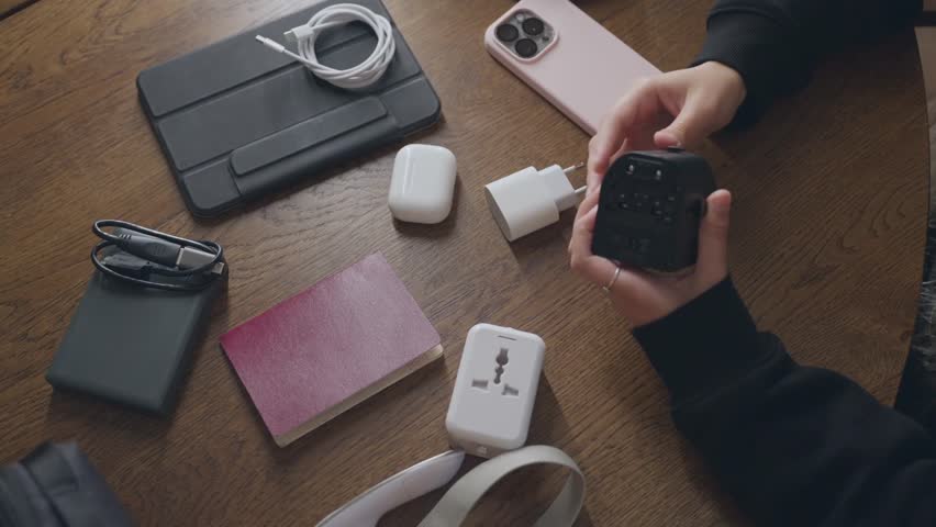 A person preparing for a tech-savvy trip, organizing gadgets, accessories, and travel essentials with a focus on digital devices for the journey.
