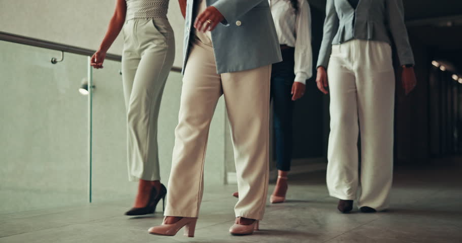 Legs, business and group of women walking for corporate travel, conference and journey for seminar. Feet, people and management for tradeshow, profession convention and steps in lobby for teamwork