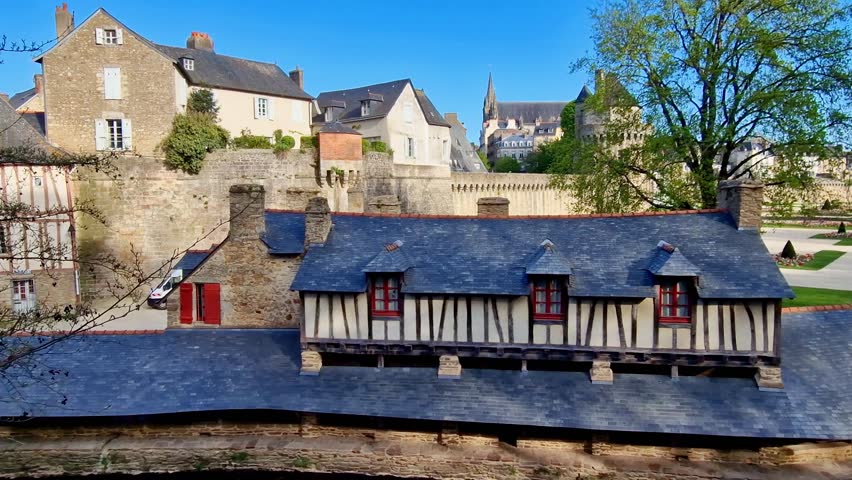 Brittany, France . Castle and fortiefied walls of the historical Old town of Vannes city, popular tourist destination in Morbihan department. 4k hd video
