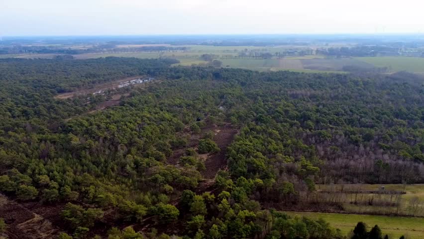 Aerial shot of Moorland countryside in Lower Saxony, northern Germany