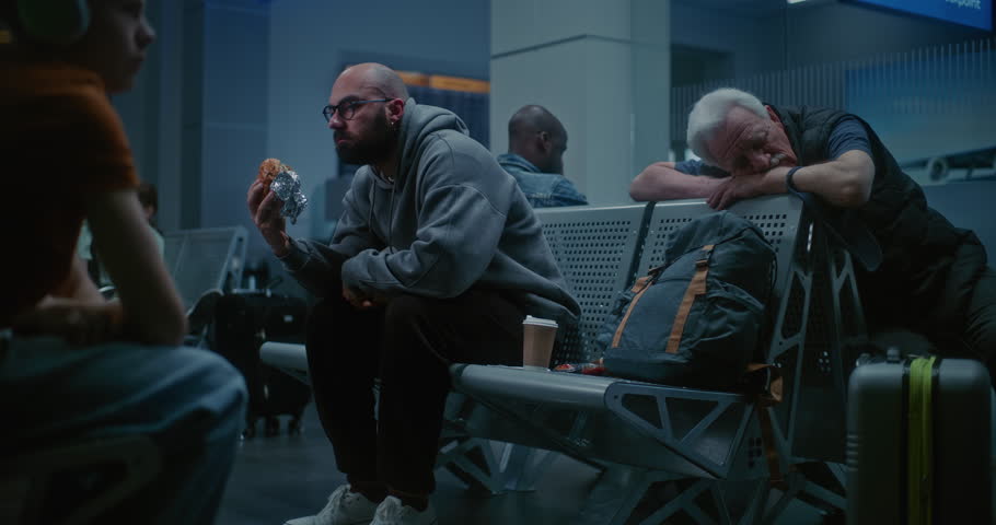 Crowded International Airport Terminal: Man Eating Fast Food Sitting in Boarding Lounge of Airline Hub at Night. Tired Passengers and Tourists Sleeping on Seats, Waiting for Delayed Airplane Flight.