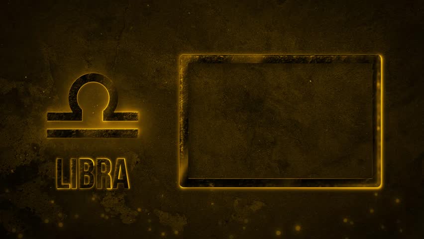 Libra zodiac sign with glowing particles and text frame on old wall background. 4K.