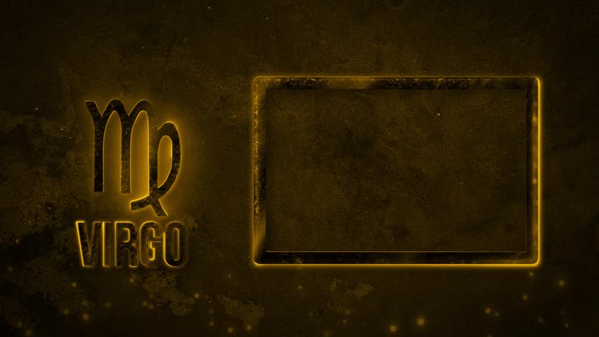 Zodiac sign Virgo with luminous particles and a text frame on the background of an old wall with rays of light. 4K.