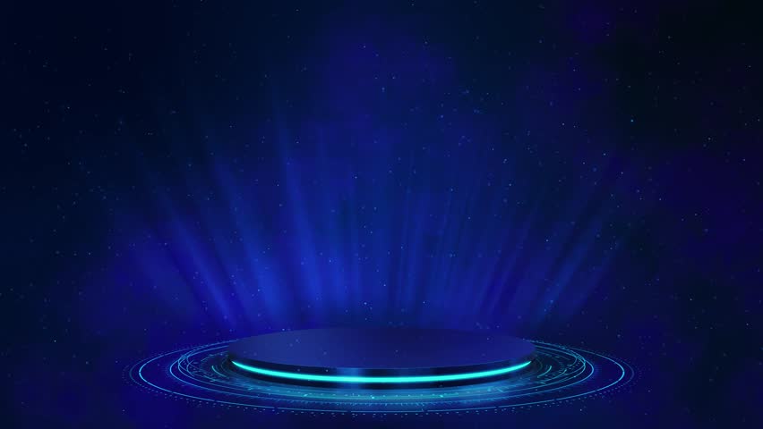 Blue 3D luxury empty podium stage. stardust particles glittering zoom in. for Oscar award ceremony event, Digital Art, Modern background, motion design, 4K showcase spotlights for presentation perform