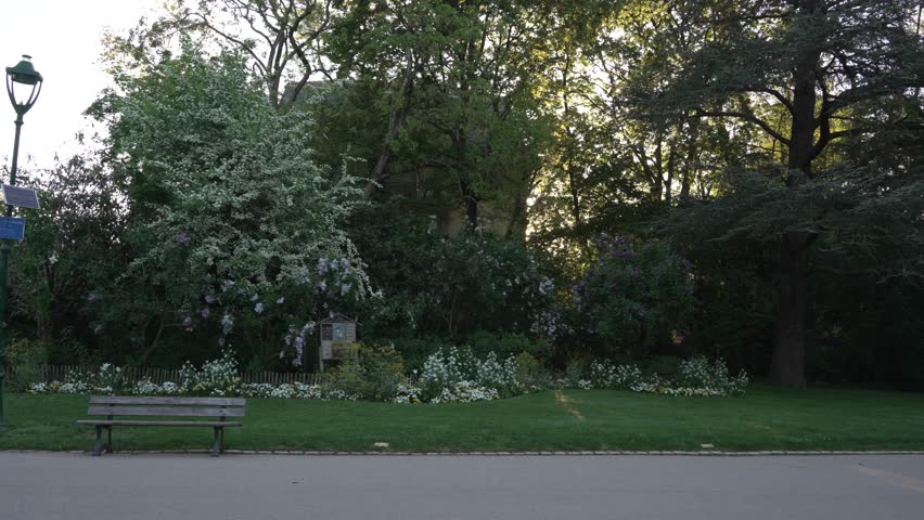 Sunlight filtering through trees in Parc Sainte-Marie, Nancy, with spring flowers, lush greenery and a wooden insect hotel creating a serene natural setting.