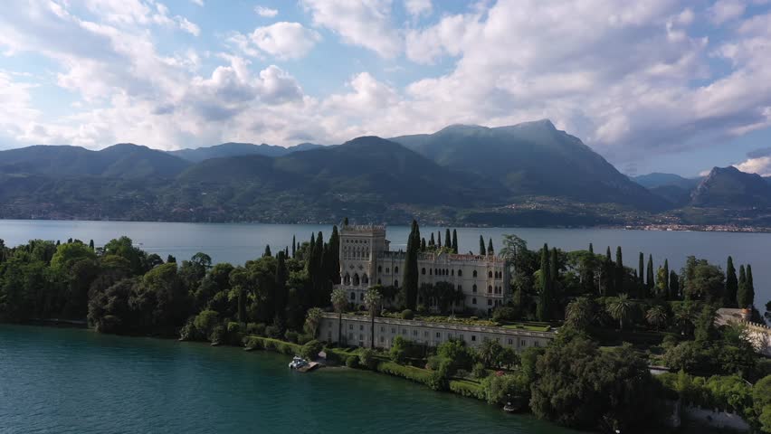 Aerial view of Isola del Garda, Lake Garda, Italy. Isola del Garda botanical gardens boast diverse botanical species, making it a must-see point of interest for nature lovers and tourists.