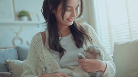 happy asian woman cuddling scottish fold cat on sofa in bright cozy living room – love, bonding, and joyful pet owner relationship at home - Powered by Shutterstock - Get 15% off with code: PIKWIZARD15