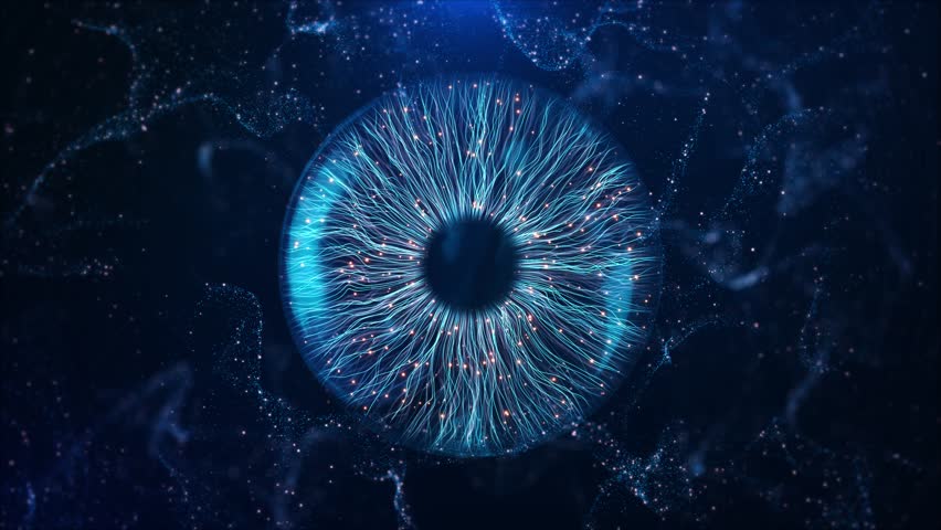 Cyber eye Cyber technology computer sci-fi technology background. Innovation Tech System HUD Technology Concept, Deep Learning Mind Science Research. Virtual Reality, Surveillance System, Human Cyborg