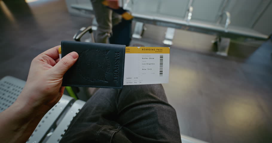 Crowded International Airport Terminal: Passenger with Suitcase, Passport and Plane Ticket Sitting in Departure Lounge of Airline Hub, Then Walking to Gate for Boarding Flight. POV First-Person View.