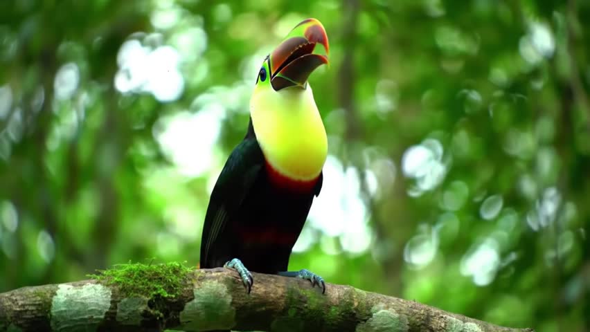 Keel-billed Toucan - Ramphastos sulfuratus or sulfur-breasted toucan or rainbow-billed toucan, family toucan, national bird of Belize. Sit on the branch and fly away
