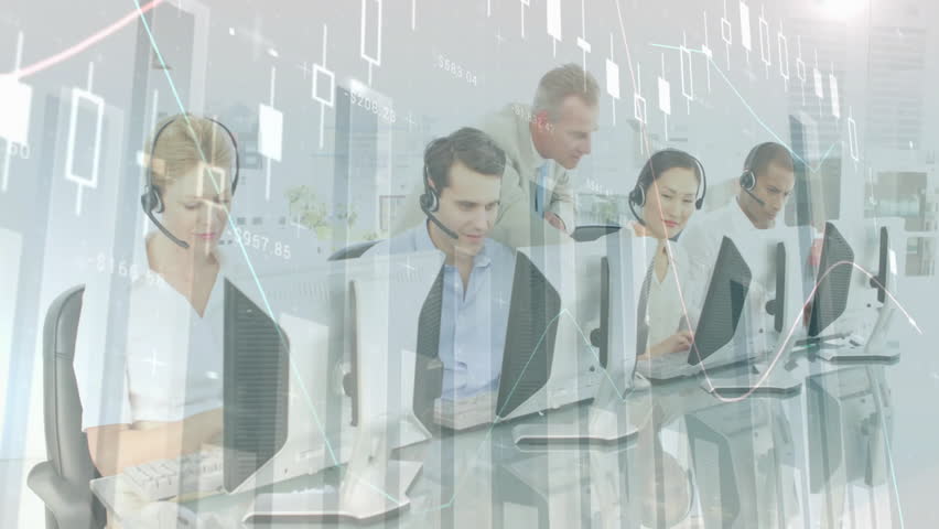 Call center team typing and coordinating at desks in office, with animated finance charts flowing. Collaboration, teamwork, communication, professional, productivity, technology, modern - Powered by Shutterstock - Get 15% off with code: PIKWIZARD15