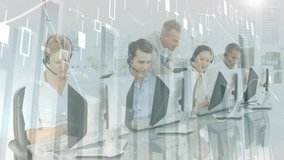 Call center team typing and coordinating at desks in office, with animated finance charts flowing. Collaboration, teamwork, communication, professional, productivity, technology, modern - Powered by Shutterstock - Get 15% off with code: PIKWIZARD15