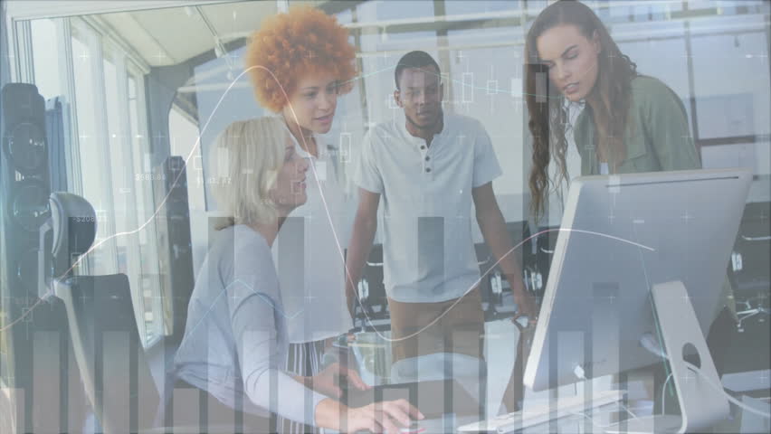 Four professionals collaborating around computer in office, with animated financial charts hovering. Collaboration, teamwork, data analysis, modern workspace, professional environment, business - Powered by Shutterstock - Get 15% off with code: PIKWIZARD15